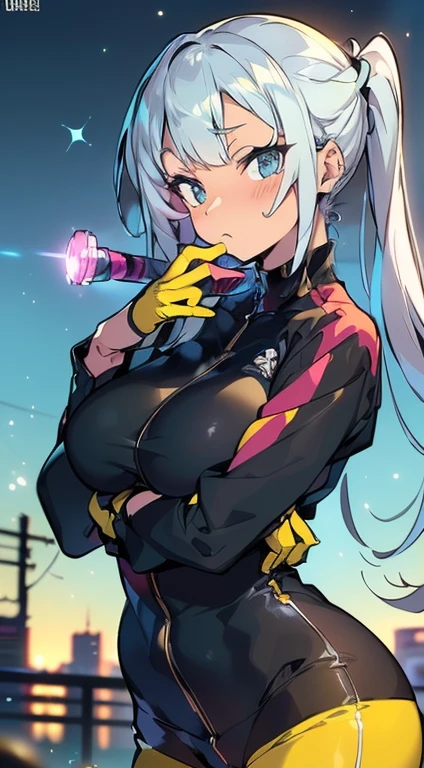 18yr old, only 1 girl, Chica anime: (Ropa japonesa, face symmetrical, Cola de caballo ,cana, purple eyes, Personalidad: seductora profesional), Magical Circle, fuego azul, llamas azules, papel tapiz, paisaje, sangre, salpicaduras de sangre, profundidad de campo, noche, light particles, rayos de luz, sidelit, muslos, destino \(serie\), Impacto de Genshin, chaqueta abierta, falda, muslos altos, nube, Image captured with the Canon EOS 50mm professional camera