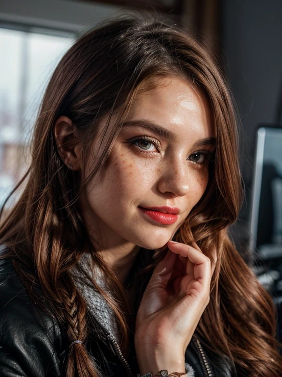 16k, HDR, RTX, photorealistic, 1 beautiful redhead woman with small freckles on her cheeks, cute, lips, red lipstick, long hair, looking at viewer, makeup, nose, realistic, (completely body), redhead woman with freckles, raw photo,studio_shot,uhd, dslr, soft lighting, high quality, film grain, cute, lips, long hair, looking at viewer, makeup, nose, realistic, (complete body), raw photo, studio_shot, soft lighting, high quality, film grain. 20 Jahre alt, lange rote Haare, Sommersprossen, hair bobbles, wince, longeyelashes, light smile, fang, rainbow hair, Partygirl, Surrealism, drop shadow, anaglyph, stereogram, tachi-e, pov, atmospheric perspective, high detail, 8k, super detail, ccurate, best quality, Winter Holiday, Snow, (Winter clothes), [after ski].