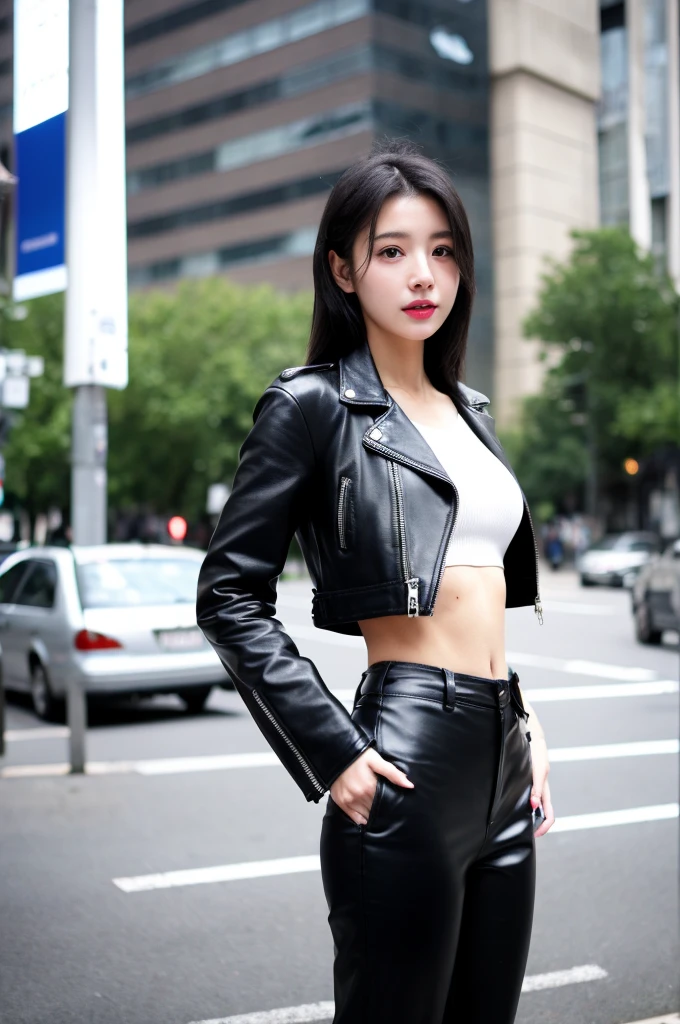 Japanese girl, wearing a black leather jacket, black trousers, black shoes, black crop top, showing her slim stomach, long black hair, photo in the city, 8k masterpiece, detailed, realistic