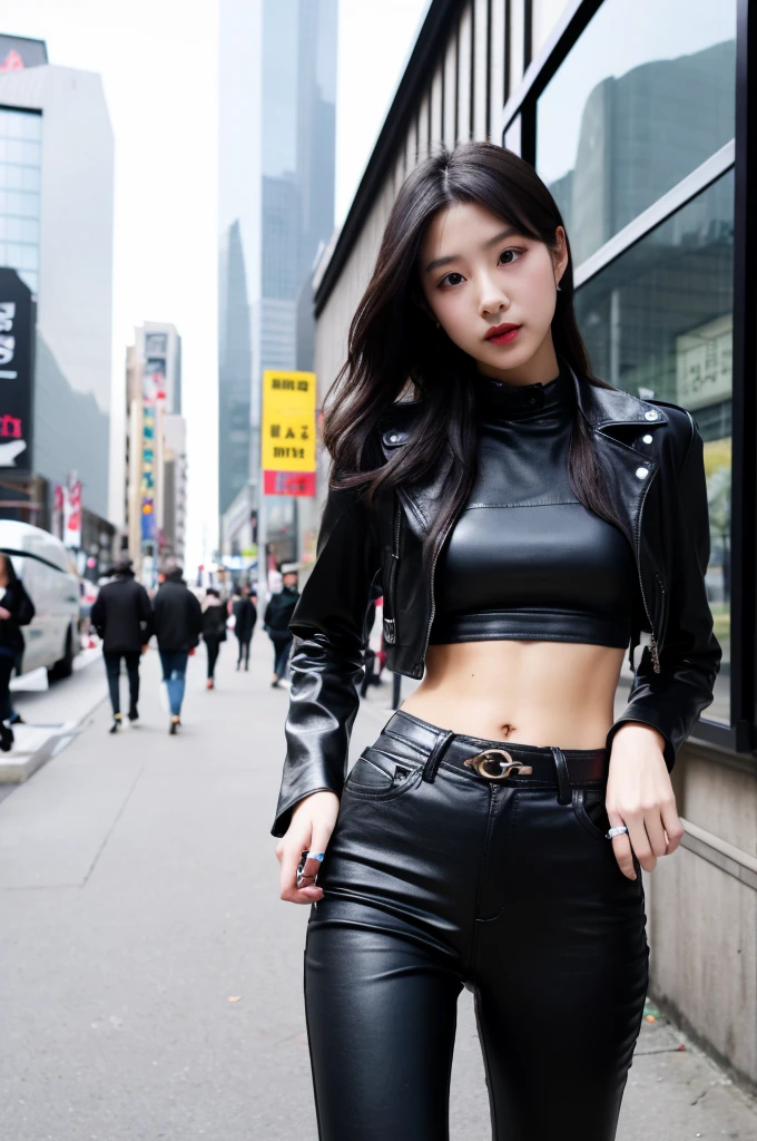 Japanese girl, wearing a black leather jacket, black trousers, black shoes, black crop top, showing her slim stomach, long black hair, photo in the city, 8k masterpiece, detailed, realistic