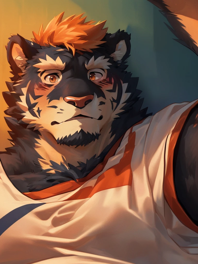 human nature, wild animals, male,18 years old, solitary, ((round face, The face is plump,Orange eyes,thick orange hair,Scars)), ((endomorph, Handsome,passionate)), (sportswear,Broken clothes), ((domestic tiger, tiger,) Fluffy fur, Fluffy), Bokeh, (high quality, High resolution, masterpiece), (Dynamic lighting, bright colors), (promotion,Injuried,Contempt), Full body pictures (close up), cartoon, author:Takemoto Arashi, From Zixiong, Through Chun Ni, author:Sky Demon,((First-person perspective)) (( ((Wall Dong)) 16K ((Black fur):1.5) ((looking into camera:1.5)) ((blush:1.2)) ((Shy expression:1.2)) 16K