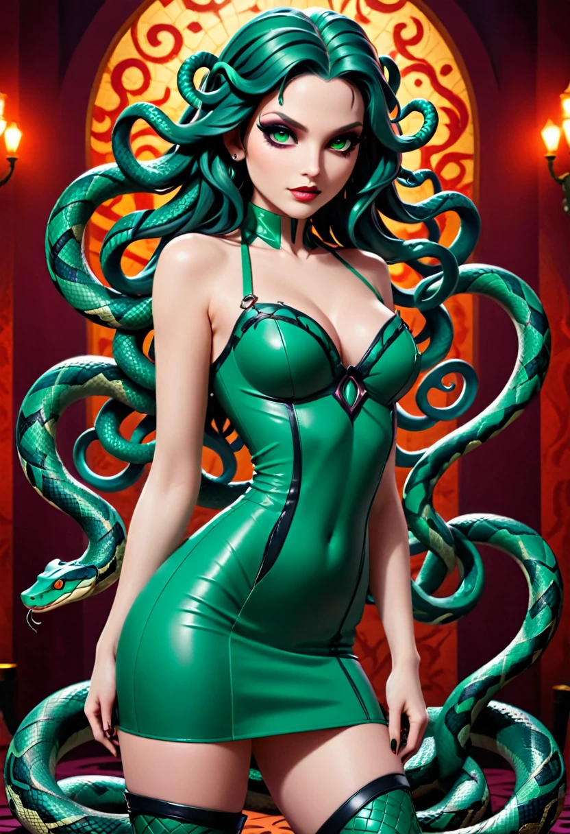 dark fantasy art a medusa having snake twin tails, a most beautiful medusa, reptilian eyes, pale skin, having twin tails, ((twin tails are made from living snakes: 1.3)) on the medusa head, she wears intricate leather dress, thigh high heeled boots, modern bar background,  dynamic range, vibrant, Ultra-high resolution, High Contrast, (masterpiece:1.5), highest quality, Best aesthetics), best details, best quality, highres, ultra wide angle, 16k, [ultra detailed], masterpiece, best quality, (extremely detailed), Intense Gaze