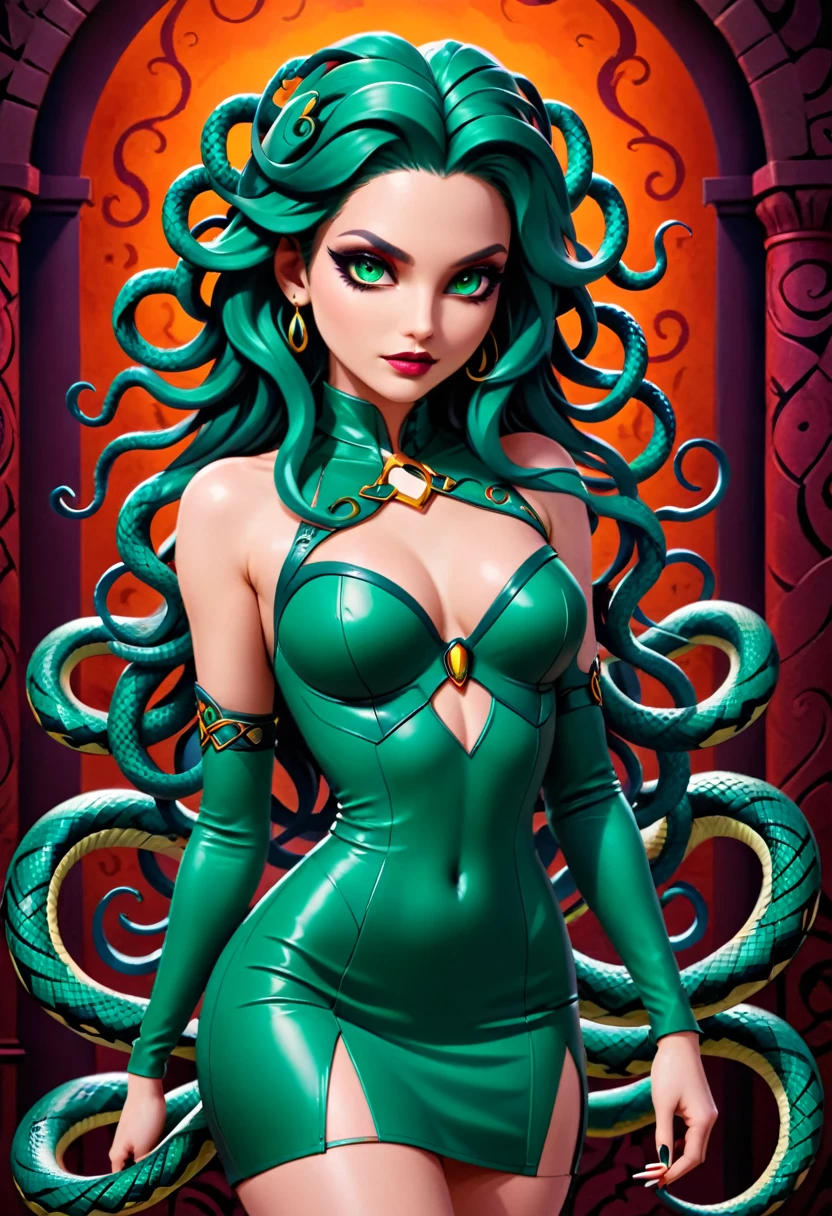 dark fantasy art a medusa having snake twin tails, a most beautiful medusa, reptilian eyes, pale skin, having twin tails, ((twin tails are made from living snakes: 1.3)) on the medusa head, she wears intricate leather dress, thigh high heeled boots, modern bar background,  dynamic range, vibrant, Ultra-high resolution, High Contrast, (masterpiece:1.5), highest quality, Best aesthetics), best details, best quality, highres, ultra wide angle, 16k, [ultra detailed], masterpiece, best quality, (extremely detailed), Intense Gaze