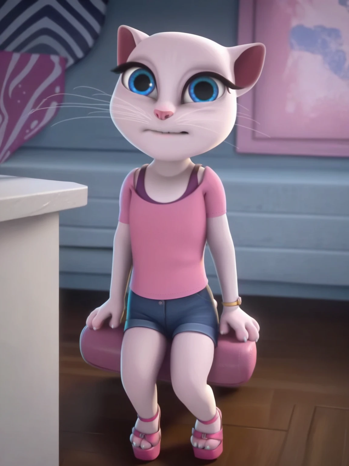 solo focus, a_la, 1girl, cat, white fur, long whiskers on both sides of the face, big bright blue eyes, big black eyelashes, small pink nose, triangular ears with pink channels, small breasts, looking at the viewer, sitting on penis, front view, fuck with legs together, platform high heels, score_9, score_8_up, score_7_up