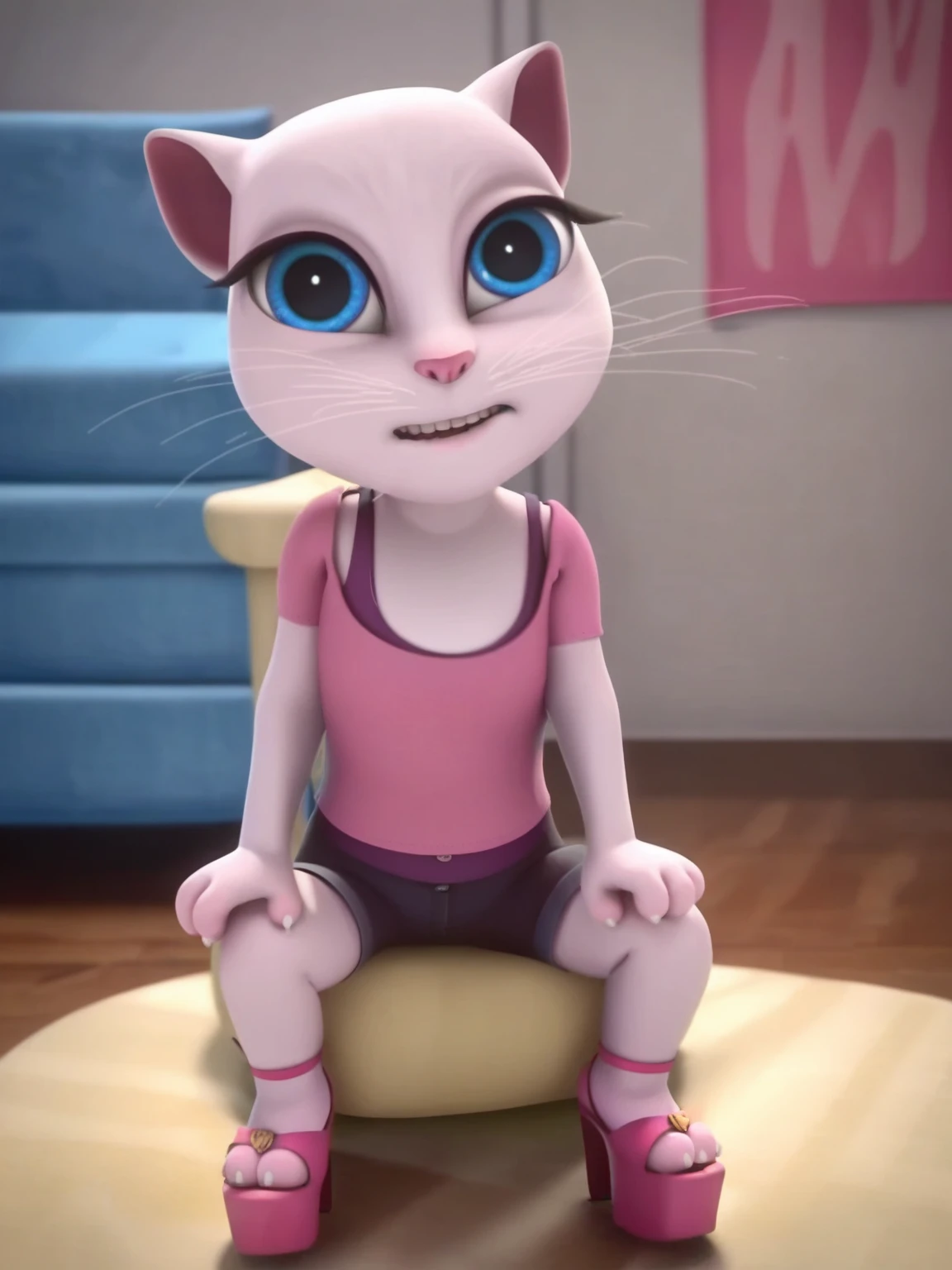 solo focus, a_la, 1girl, cat, white fur, long whiskers on both sides of the face, big bright blue eyes, big black eyelashes, small pink nose, triangular ears with pink channels, small breasts, looking at the viewer, sitting on penis, front view, fuck with legs together, platform high heels, score_9, score_8_up, score_7_up