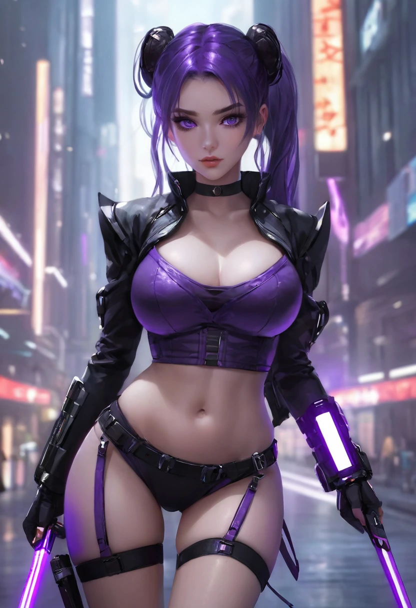 Beautiful woman, long_twintails, big eyes, Large Breasts, Antihero dressed in black and purple, Laser katana in hand, White skin, Cartoon Style, Marvel Universe Style, Set in a cyberpunk city, Soft bokeh of futuristic city, Trending in CGSociety, complex, High Detail, Clear focus, Dramatic and realistic art by Midjourney and Greg Rutkowski, blur background