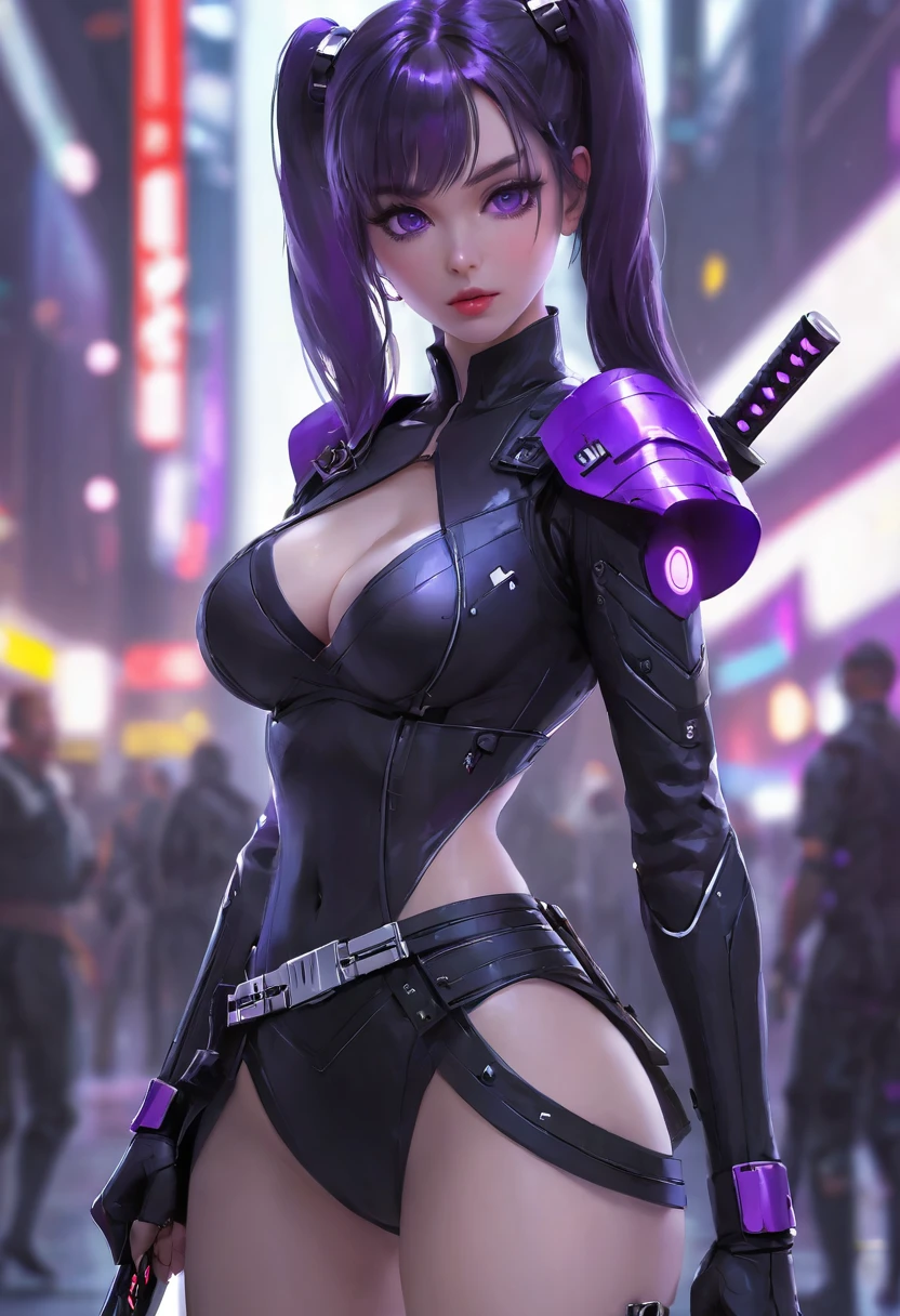 Beautiful woman, long_twintails, big eyes, Large Breasts, Antihero dressed in black and purple, Laser katana in hand, White skin, Cartoon Style, Marvel Universe Style, Set in a cyberpunk city, Soft bokeh of futuristic city, Trending in CGSociety, complex, High Detail, Clear focus, Dramatic and realistic art by Midjourney and Greg Rutkowski, blur background