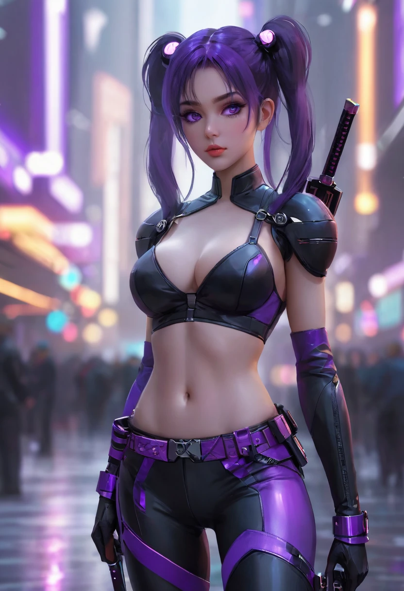 Beautiful woman, long_twintails, big eyes, Large Breasts, Antihero dressed in black and purple, Laser katana in hand, White skin, Cartoon Style, Marvel Universe Style, Set in a cyberpunk city, Soft bokeh of futuristic city, Trending in CGSociety, complex, High Detail,  Clear focus, Dramatic and realistic art by Midjourney and Greg Rutkowski, blur background