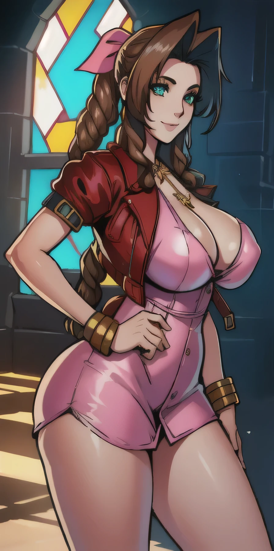 ​masterpiece, best qarity, Aerith Gainsborough, She is standing, she is raised, short dress, Athletic build, thin waste, broad hips, perky ass, gargantilha, Short jacket, hair bow, bracelet, pink dress, spectator side, smile, mouth shut, inside, stained glass, legs thick, big boobies, very short dress, she is standing, She is standing, photo studio scenery, lighting, professional foto,