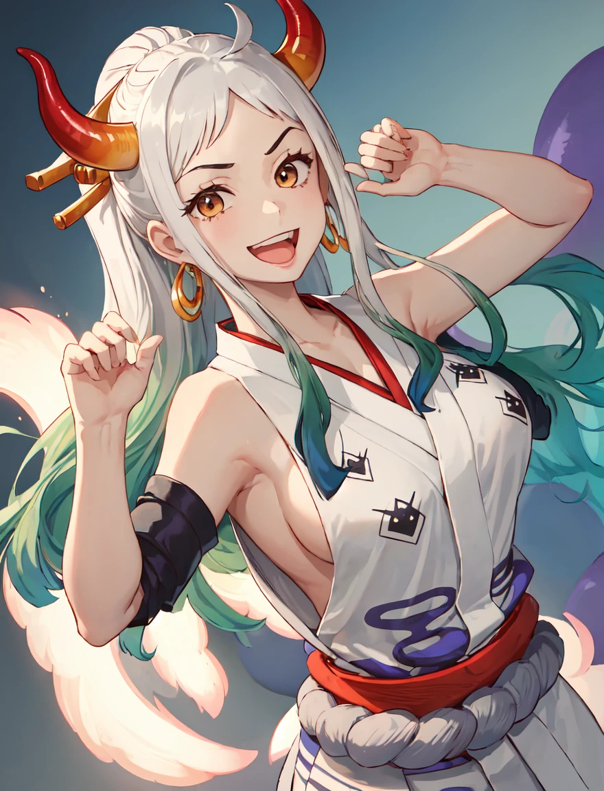 Yamatrope, :d, shimenawa, Gray Hair, Earrings, kimono, One girl, smile, Open your mouth, Underarm, No sleeve, Multicolored Hair, close your eyes, Bare shoulders, Upper Body, alone, horn, Raise the hand, Side bust, Green Hair, No sleeve kimono, Long Hair, jewelry, Large Breasts