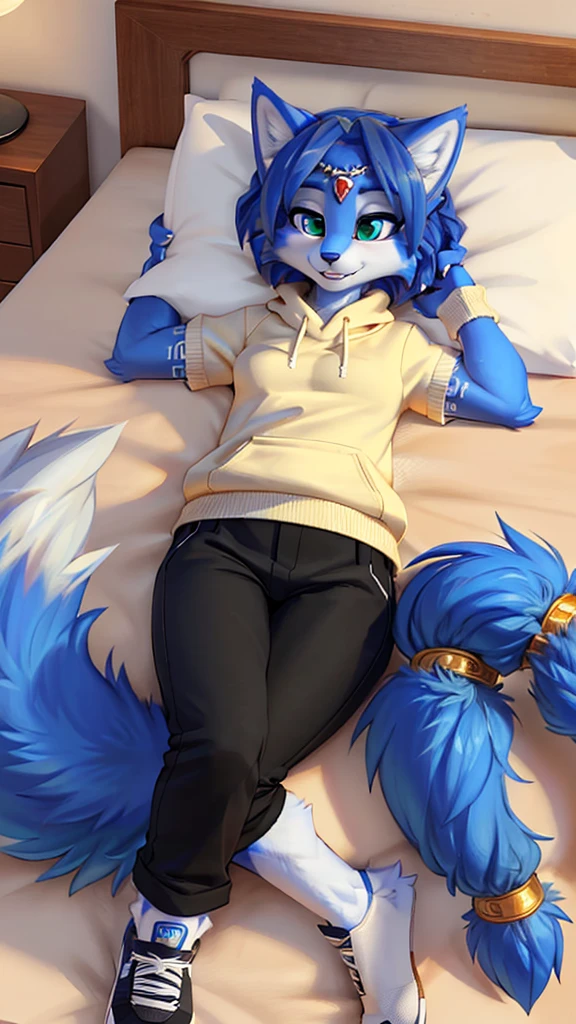 A beautiful and detailed (sweet portrait) wa ((Krystal)), Star Fox Krystal, sslim, lovable, green eyes, medium breasts, (((Long blue hair 1.3))), Decollete, grin, look up,, anthro, furry, Uploaded E621, detailed fluffy fur, (wa Fluff-Kevlar, Bayard Wu, personalize me, Pino Daeni), detailed face, (fluffy), 1 girl, alone, lying on a bed, everyday clothes, heller pullover 1.3, black trousers, wa Kopf bis Fuß, relaxing lying down