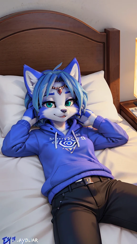A beautiful and detailed (sweet portrait) wa ((Krystal)), Star Fox Krystal, sslim, lovable, green eyes, medium , (((Long blue hair 1.3))), Decollete, grin, look up,, anthro, furry, Uploaded E621, detailed fluffy fur, (wa Fluff-Kevlar, Bayard Wu, personalize me, Pino Daeni), detailed face, (fluffy), 1 girl, alone, lying on a bed, everyday clothes, heller pullover 1.3, black trousers, wa Kopf bis Fuß, relaxing lying down