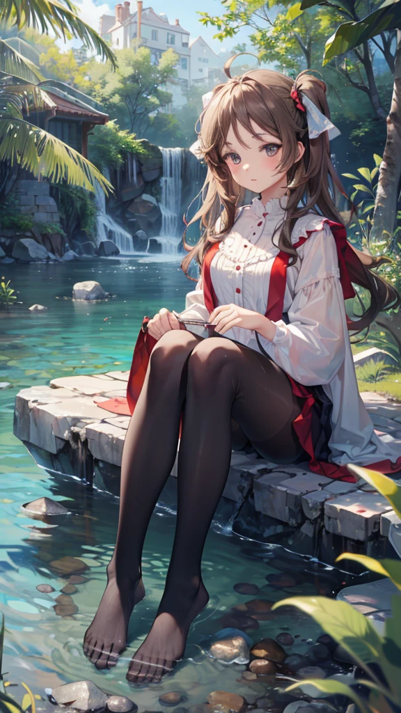 (Extremely refined:1.5),1 Girl, sitting in water， Foot washing，Pantyhose，No shoes，trumpet