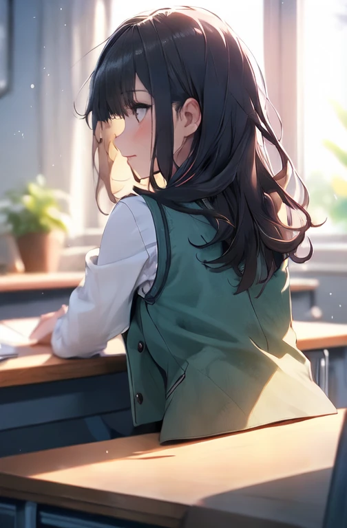 1 girl, mature female, vest, 弓, best qualityer, hires, face detailed, DESK, window buildings, detailed back ground, diffused sunlight, Depth of field, bokeh