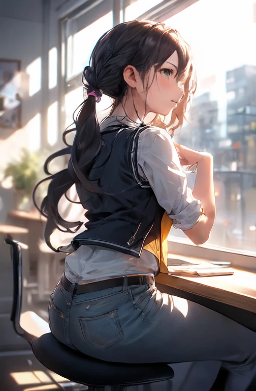 1 girl, mature female, vest, 弓, best qualityer, hires, face detailed, DESK, window buildings, detailed back ground, diffused sunlight, Depth of field, bokeh