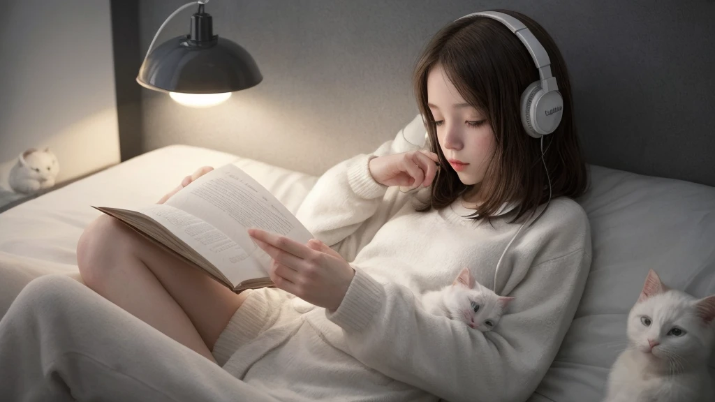 1girl, solo, reading at night with a White cat, night vew, wearing headphones.