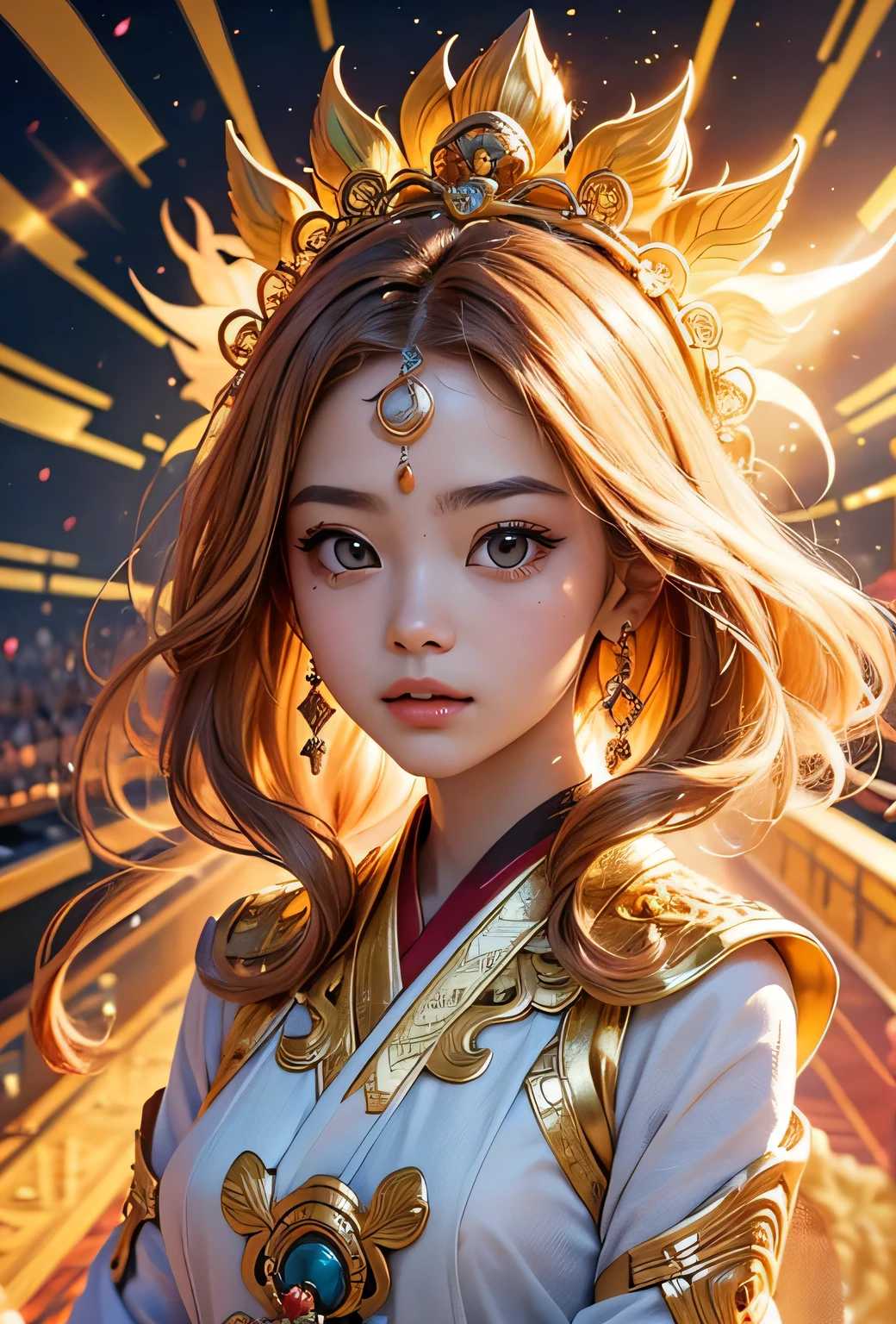 "Child of the Sun, Goddess of Love": Within a sacred sanctuary bathed in sunlight, depict the figure of a sun goddess who governs love, facing forward and emanating divine radiance. She is a , around 3 . Zoom in to focus on her face, with a gleaming orb of light in her hands, representing the life-giving power of the sun. Her hair is shimmering gold, and she is wearing a traditional miko outfit as seen in Japanese shrines. The background should be predominantly gold, evoking a sense of divine splendor, with numerous heart-themed objects expressing the beauty of love. The setting is in heaven, enveloped in soft, bright light, where one can find tranquility and peace of mind, free from any trace of anxiety.Straight-on.