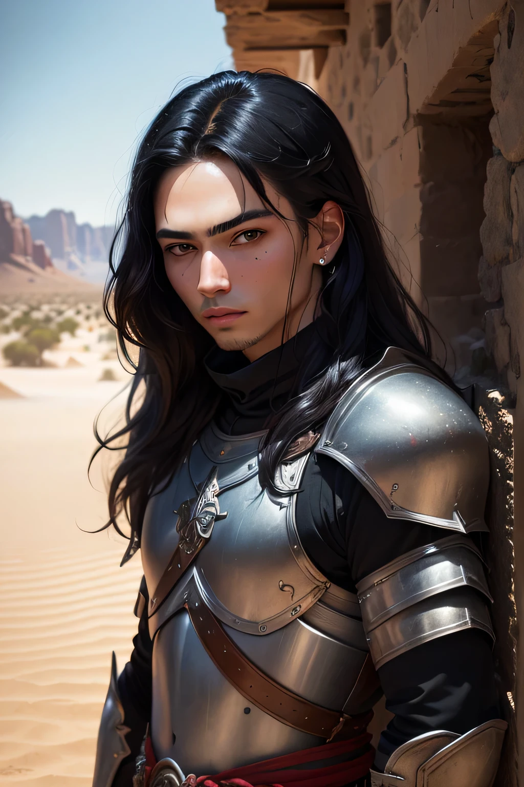 ((best quality)), ((masterpiece)), (detailed), Prize-winning works, with incredible details, maximum textures and details, mantea ,1 An adventurous warrior man in dark black light armor, long black hair ,fully body (15 year old murderer:1.1,detailedeyes, face detailed, whole body:1.1,the background is a desert ),(best qualityer:1.2,ultra detali:1.1,realisitic:1.37),stone medieval ancient city ,eyeshadows,hidden identity,sharp focus,swirly vibrant colors,), (twilight), 8K