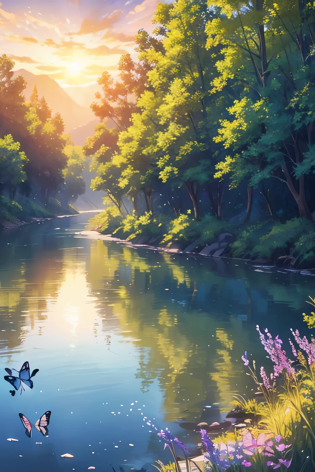 Beautiful hyper-realistic and super detailed masterpiece, which shows a mysterious river, several butterflies flying in blue color, like a tree on the right like the branches over the view, grass field on the left, with the sunset sun, negative human construction human image