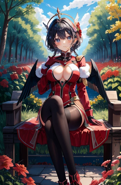 (Masterpiece artwork, best qualityer), details Intricate, Valkyrie, kawaii, (((cheerful grin))), Open your mouth and laugh, hands up, gazing at viewer, Feather helmet, natta, (((Red flower garden))), sitting down, 18 year old ,
1 girl in, standing alone, realisitic, ultra detali, (shining skin:1.4), absurdrez, 苗条, dynamic lighting, high resolution, sharp focus, depth of fields, detailedeyes, sharp pupils, realisitic pupils, (breasts big:1.6), (thick-thighs:1.0),
portraite, swept bangs, Bblack hair, droopy eyes, Crimson thighs, Deep Red Detached Single Sleeve, robot joints, Deep Red Gloves, Deep Red Bodysuit, Deep Red Reinforced Suit, Closed feather wings, pantyhose, Deep Red Full Armor, flower decoration,