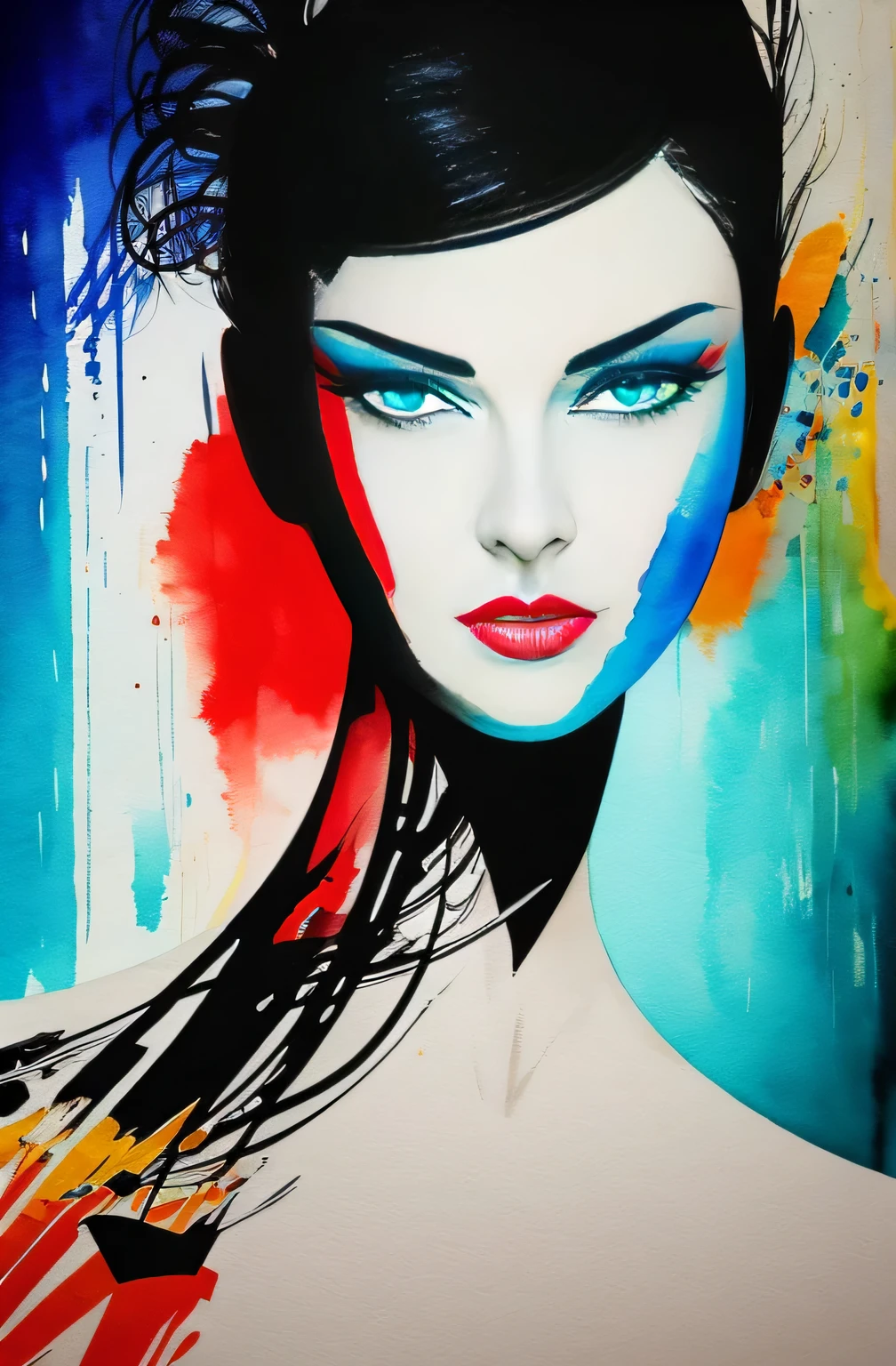 painting of a woman with a black and white face, Sylvia Pelissero watercolors, tumbler, abstract art, Intense watercolor painting, watercolor detailed art, Watercolor Splash, surreal, Avant-garde pop art, Beautiful and expressive paintings, Beautiful artwork illustration, very colorful tones, wonderful, cool beauty, highest quality,official art, women only, sharp outline, best shot, vector art, Written by Sandra Chevrier, Dave McKean、by Richard Avedon、Written by Makiezi Kusiala