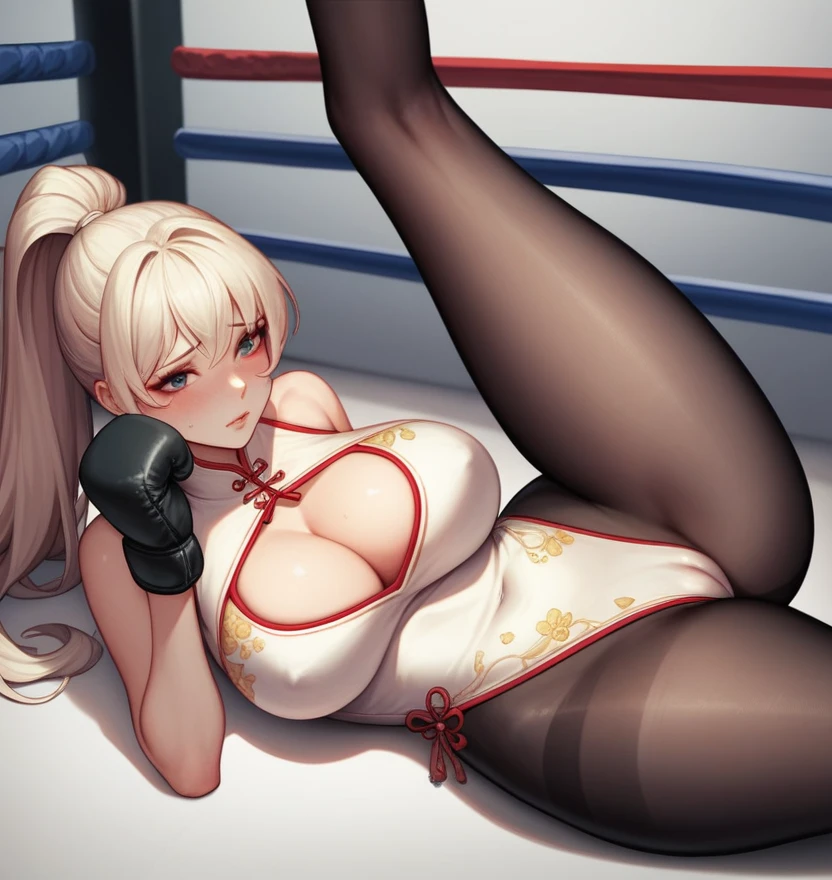 Korean beauty，18 years old,Pretty Face，Good shape，detailed picture, Shy expression， blush，White high ponytail, Wearing cheongsam, Wear black pantyhose, Wearing black boxing gloves，Throwing punches in the boxing ring，Large Breasts,Cleavage,Long legs，Thin waist，nipple，Camel toe，