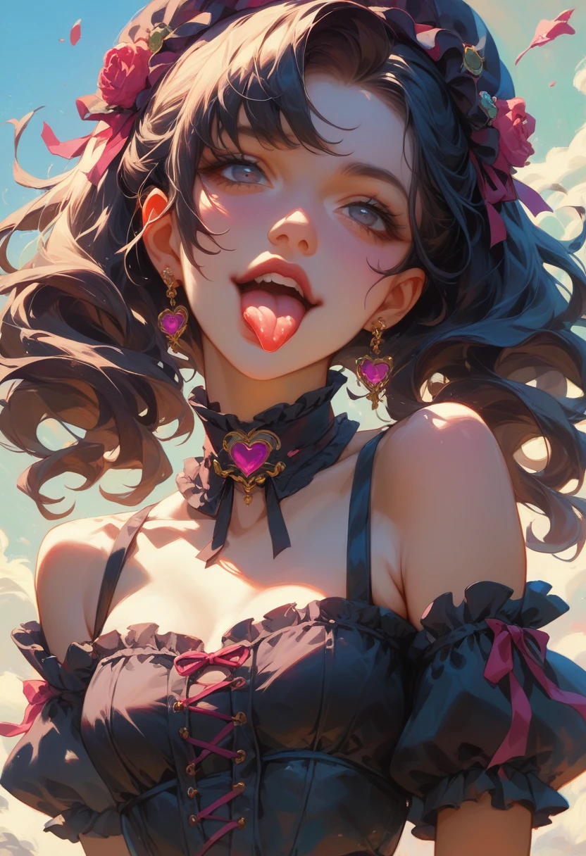 Black twin tails、Wear a black off-the-shoulder Lolita chiffon blouse、Wear a black steampunk corset、Sticking out tongue、girl、The word "poison" is written in purple on the close-up tongue.、Cyberpunk art