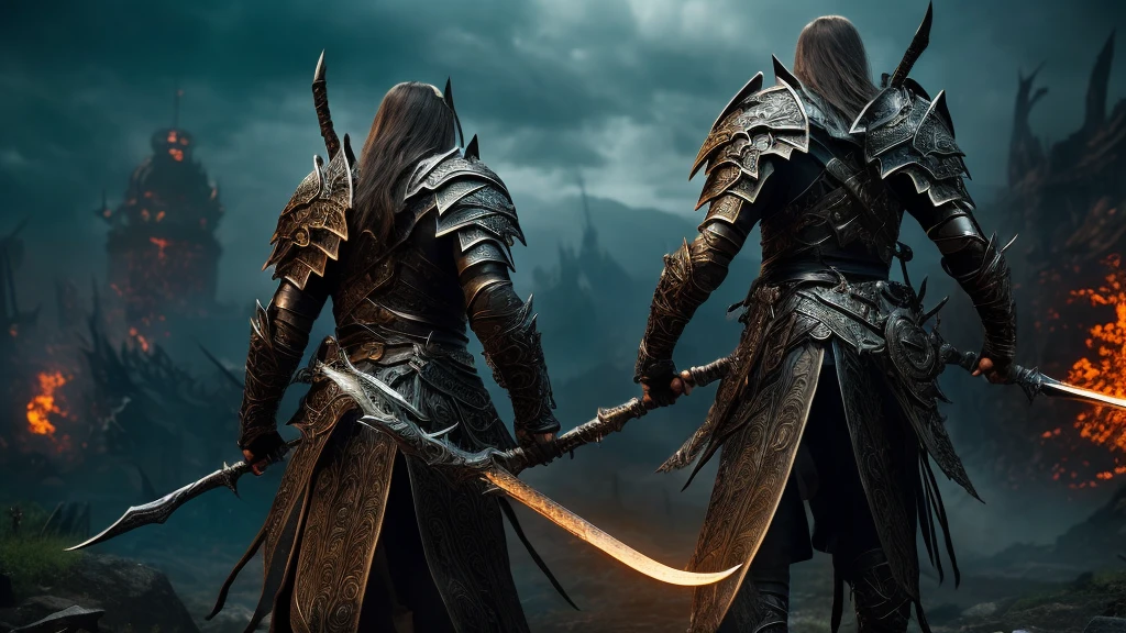 Epic Elden Ring character, dynamic pose, dramatic lighting, detailed armor, glowing weapon, fantasy background, ((best quality)), ((masterpiece)), (highly detailed)、back、back、elden ring、elden ring、FromSoftware、Fighting、city、grassland、Fantasy
