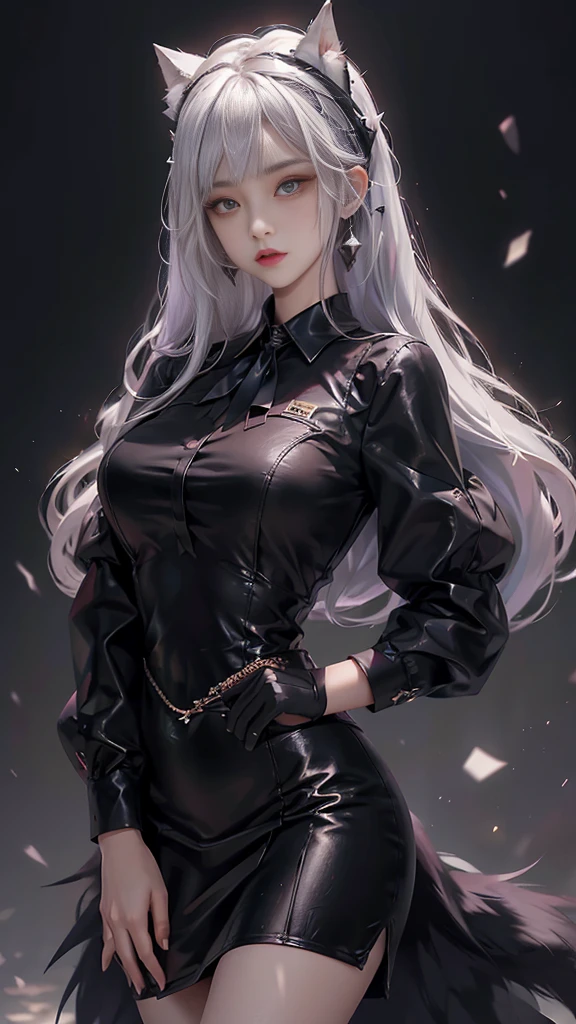 Reality, high resolution, 1 female, Solitary, Hips up,Lolita clothing, beautiful eyes, White hair, Dark circles under eyes, Collared shirt,Black tie,Black skirt, Pencil Skirt, Fur coat