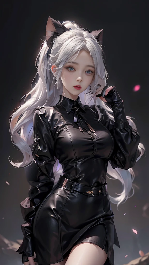 Reality, high resolution, 1 female, Solitary, ???? up,Lolita clothing， beautiful eyes, White hair, Dark circles under eyes, Collared shirt,Black tie,Black skirt, Pencil Skirt, Fur coat