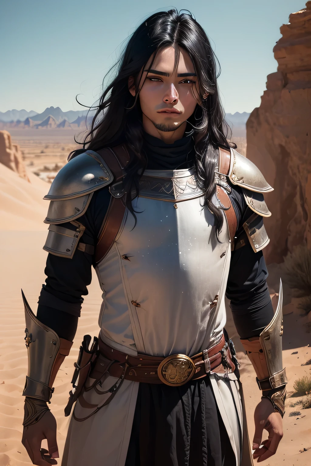 ((best quality)), ((masterpiece)), (detailed), Prize-winning works, with incredible details, maximum textures and details, mantea ,1 An adventurous warrior man in dark black light armor, long black hair ,fully body (15 year old murderer:1.1,detailedeyes, face detailed, whole body:1.1,the background is a desert ),(best qualityer:1.2,ultra detali:1.1,realisitic:1.37),stone medieval ancient city ,eyeshadows,hidden identity,sharp focus,swirly vibrant colors,), (twilight), 8K