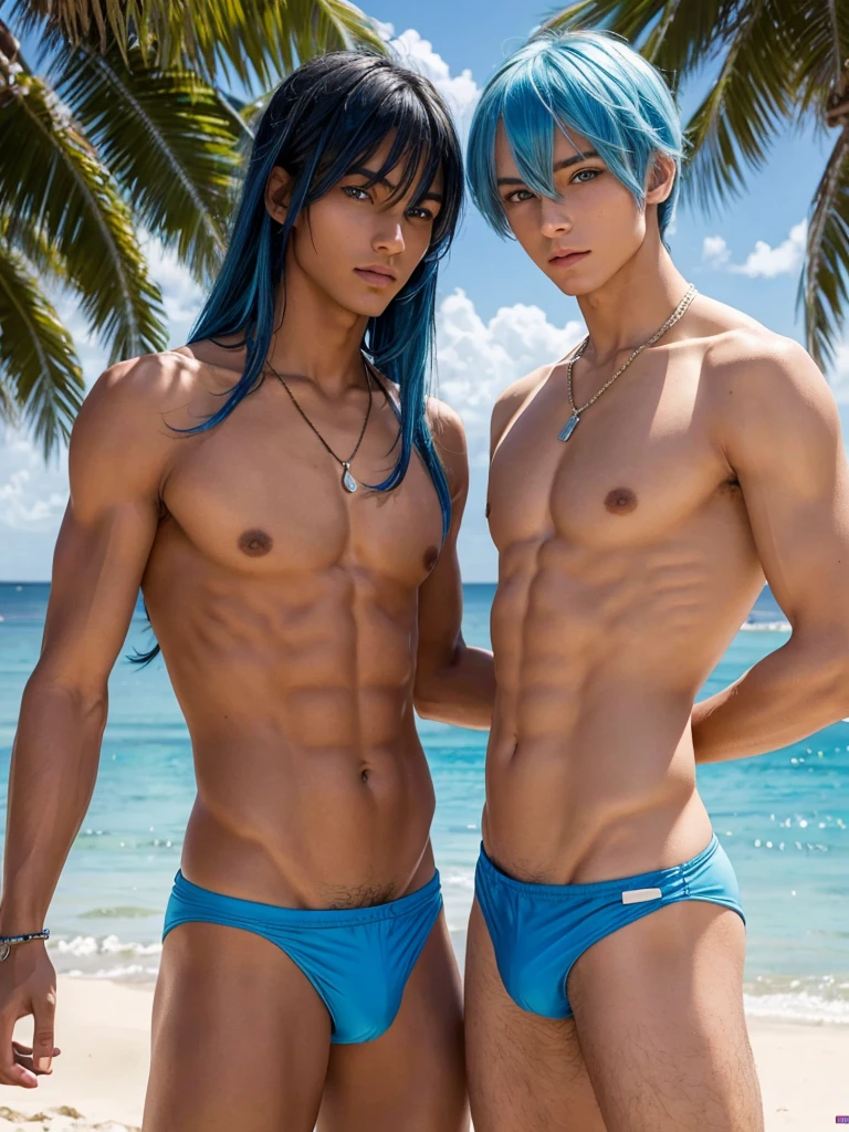 (best quality), 1boy, tanned skin, blue hair, long hair, side bangs, beautiful hairstyle, blue eyes, perfect eyes, femboy, slender, handsome, attractive, neckholder-tankini, beach, skinny body, flat chest, masterpiece, anatomically correct, highres
