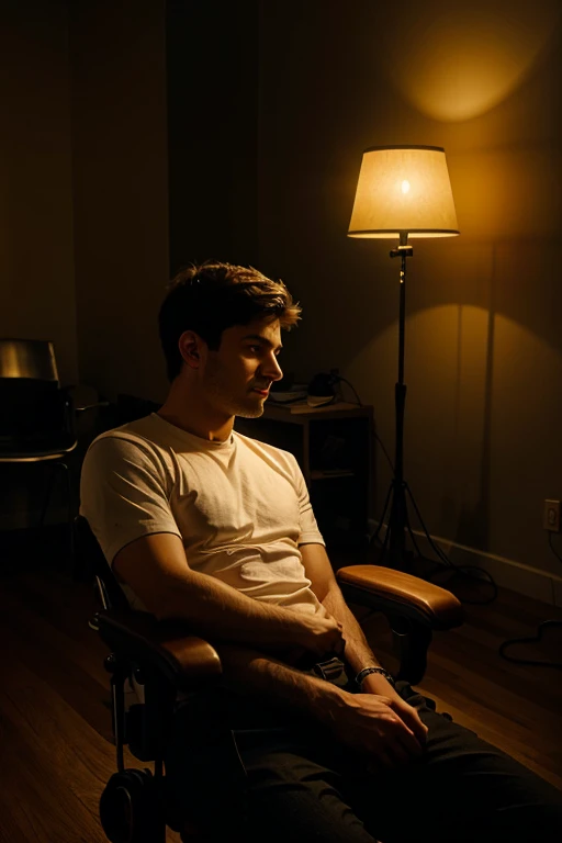 Man in a room in chair with lights in background