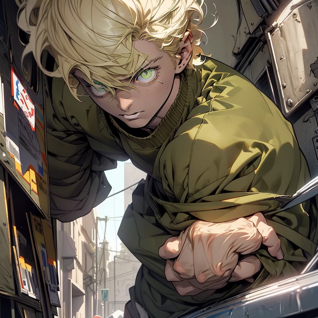 animated sketch, impressively detailed sketch, A man, (((detailed short blonde hair, detailed olive green eyes, Russian))), toned muscular body, modern casual clothing, apocalyptic world, vivid colors, conceptual artists lighting, focus on the torso, eyebrow raised, ((((excited)))), (((adult))),