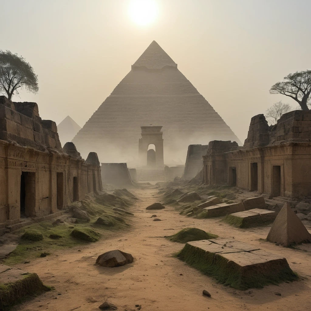 scenario: The pyramids of Giza, abandoned for years, post-war with lots of destruction and chaos, something apocalyptic. The pyramids and Sphinx are partially collapsed, with stone blocks scattered across the ground and covered in moss and sand. The surrounding desert is covered in undergrowth and trees that have grown in cracks in the ground.. A thick fog covers the area, creating an atmosphere of mystery and desolation. Among the ruins, a colossal monster, with scaly skin and glowing eyes, wanders through the desolate landscape, adding a horror element to the setting. The soft light of dawn pierces the fog, illuminating the pyramids and the Sphinx, highlighting the decaying grandeur of the ruins amidst the destruction.