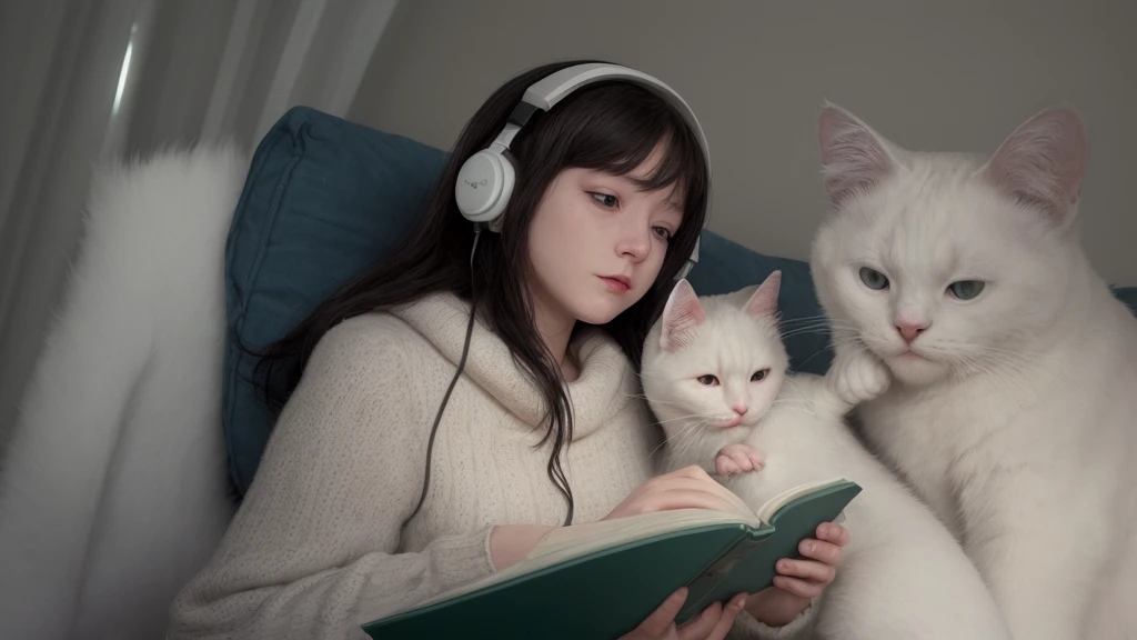 1girl, solo, reading at night with a White kitty, night vew, wearing headphones.