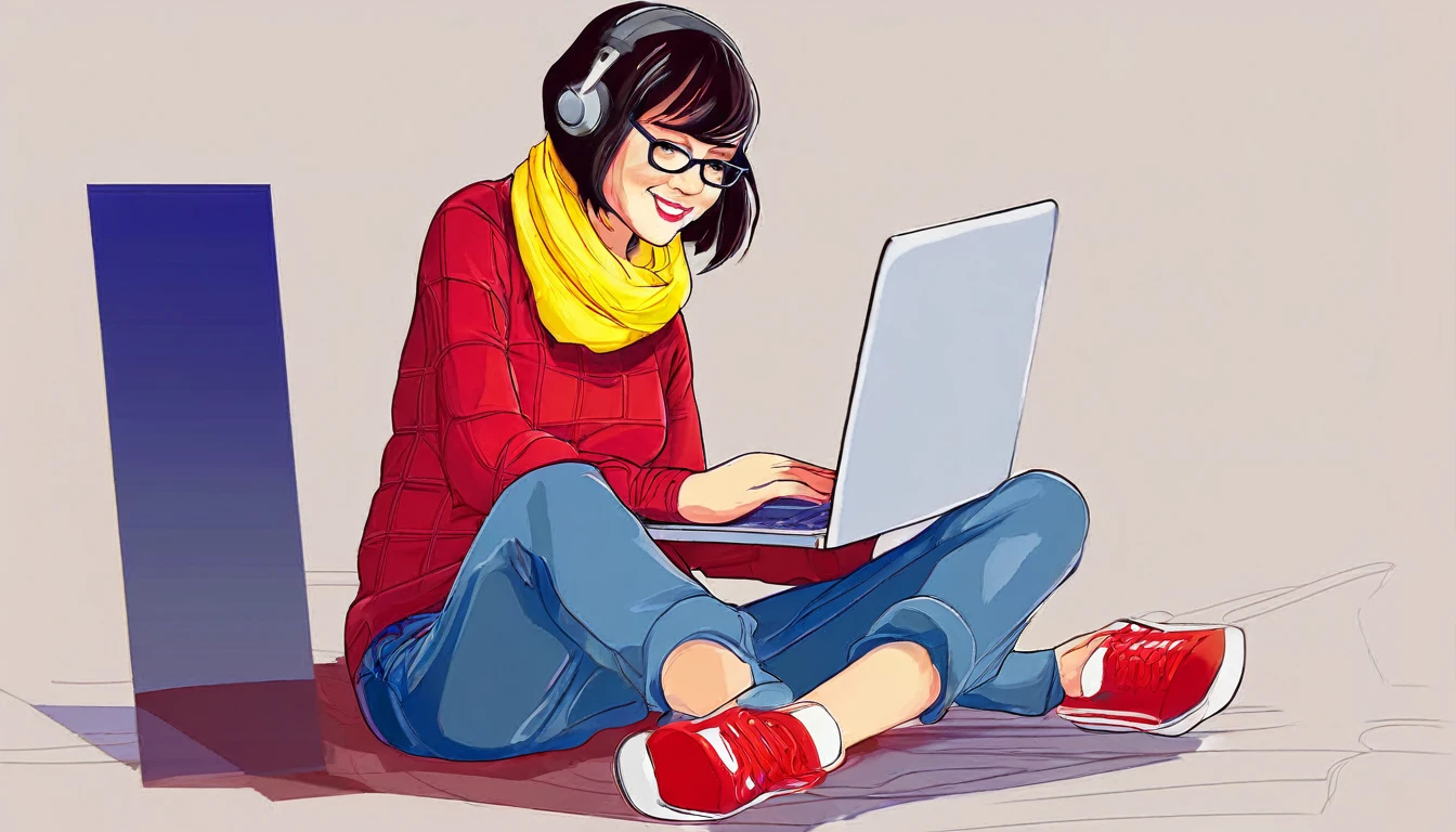 create a 30 years old beautiful girl , wearing red shirt, blue jeans , red sneakers,yellow scarf , using laptop , sitting on a chair