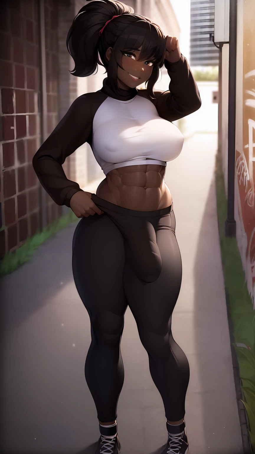 (solo:1.1),(masterpiece), (best quality:1.3), highly detailed, intricate, professional art, digital art, absurdres, Kimberly, 1girl, solo, black hair, braided pony tail hair, kimbery hair with coloured tips:1.2 , African American, (very dark skin:1.4), kimberly wearing a long-sleeve-red-top and bandana with pants posing in an alleyway with graffiti, abs, wide hips, (crotch bulge:1.2), penis bulge, testicle bulge, , slender athletic body type, medium breasts, tall girl, angled view,
