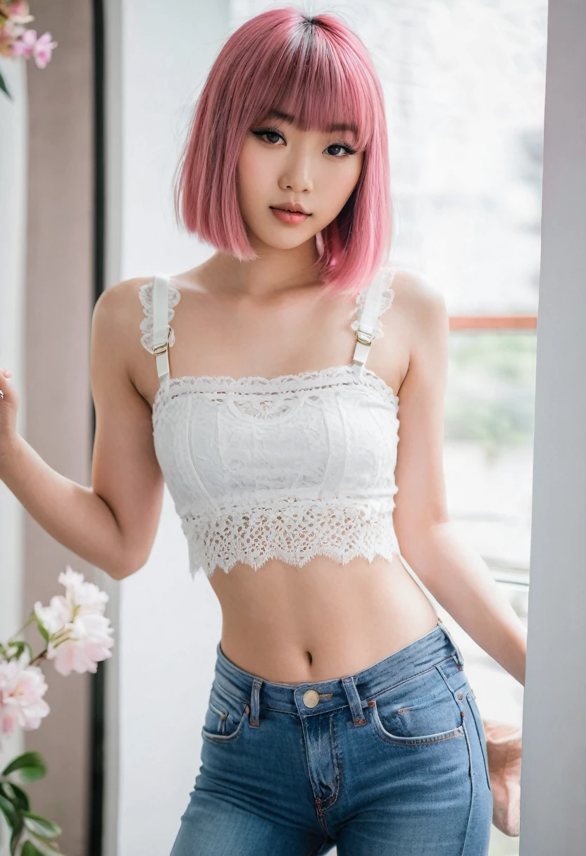 Pink haired asian girl with bangs wearing a white lace trimmed crop top and tight jeans with visible panty straps.