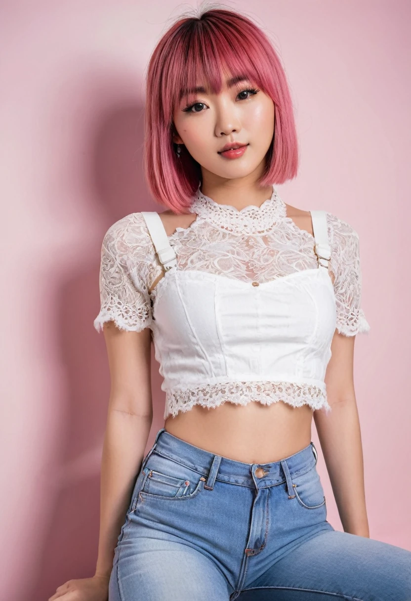 Pink haired asian girl with bangs wearing a white lace trimmed crop top and tight jeans with visible panty straps.