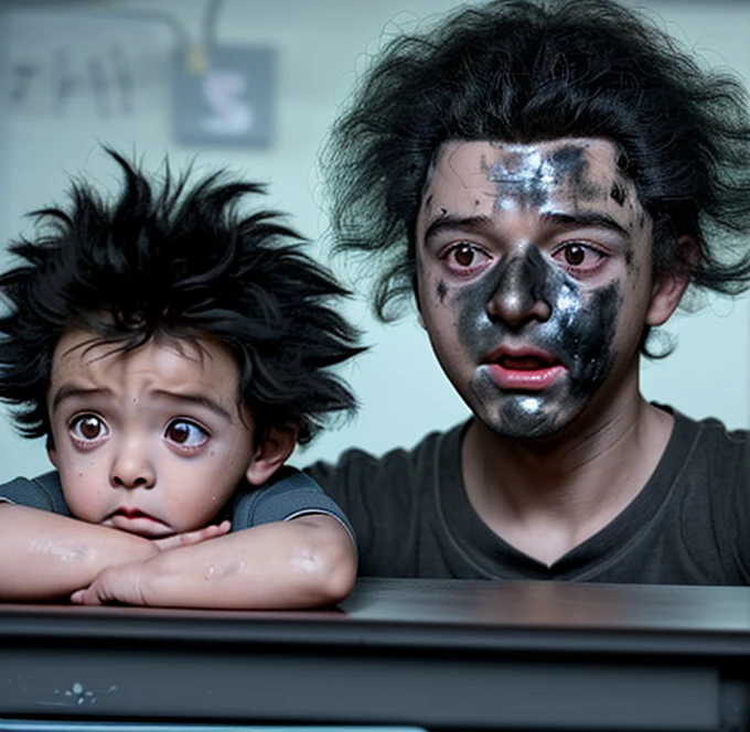 A is electrocuted in a classroom in a comedy movie and ends up covered in soot and in tatters