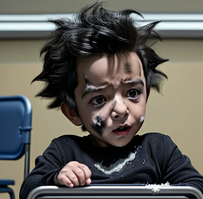 A  is electrocuted in a classroom in a comedy movie and ends up covered in soot and in tatters