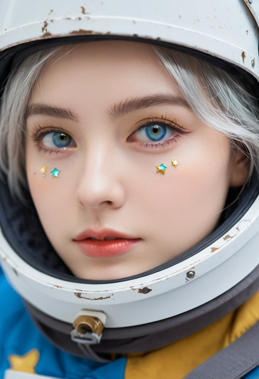 (A better quality masterpiece in close-up:1.5)0.9], (space and astronaut:1.2) (messy silver hair:1.1) (yellow eyes with heterochromia and blue eyes:1.2) (space helmet:1.0) (colored stars in the eyes:1.0) (radiant light:1.1) (big lips:0.9)
