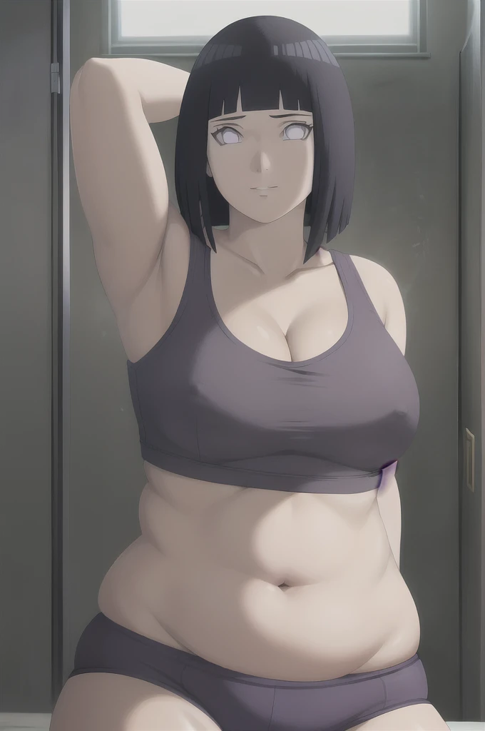 masterpiece, absurdres , (intricate details), (colorful),cinematic lighting,bust shot,extremely detailed CG unity 8k wallpaper ,hinata\(boruto\), 1girl, solo,mature female, arm up, looking at viewer, sports bra, locker room,cowboy shot, chubby belly, chubby, curvy. gained weight, fat, cleavage. overweight, 