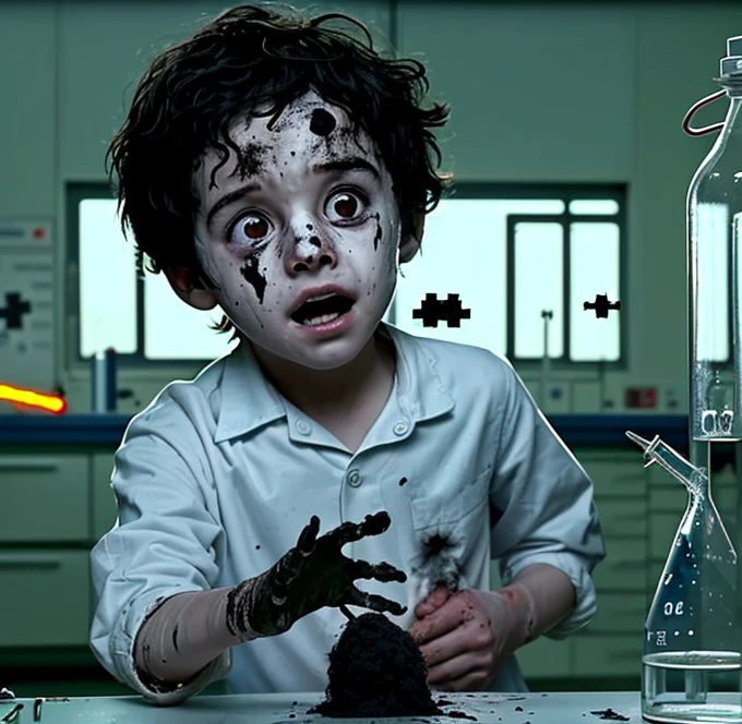 In this comedy movie, a in a science lab goes wrong with an experiment and ends up covered in soot and in tatters after an explosion.