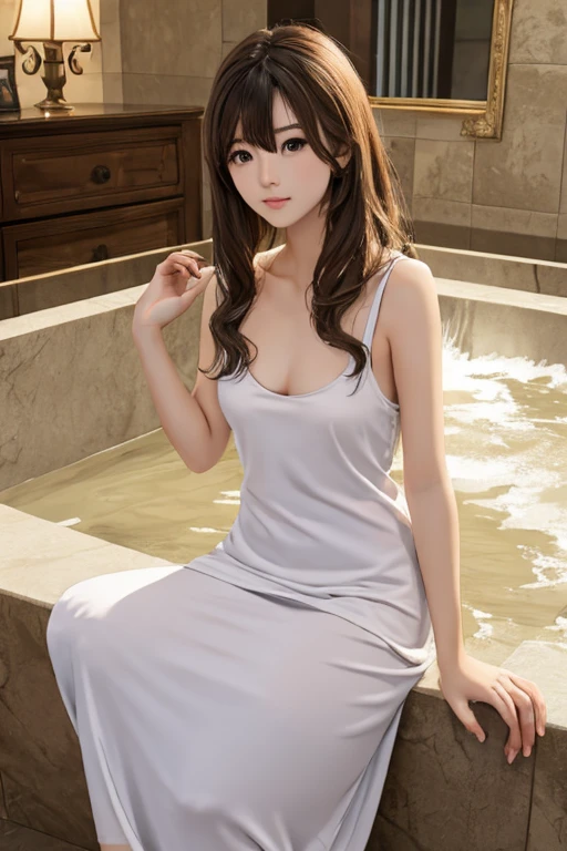russian woman with white skins, blue eyes, dark brown hairs, ultra realistic skins, ultra white skins, skins detailed, perfect eyes, eyes detailed, russian woman wearing lace sleeveless short night gown, perfect short night gown, symmetrical and fit night gown, laying inside bathub in wet skins and full of water bathub, open leg, sexy pose, background shower room.