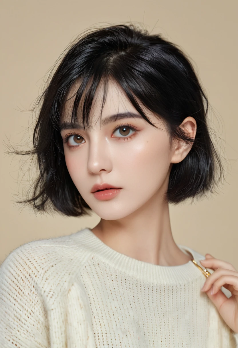 (masterpiece:1.3), (8K, Reality, RAW photos, best quality: 1.4), (1 Girl), Pretty Face, (Realistic face), (Black Hair, short hair:1.3), Beautiful hairstyle, Realistic eyes, Beautiful and delicate eyes, (Realistic skin), Beautiful skin, (sweater), absurd, attractive, Ultra-high resolution, Surreal, Very detailed, Golden Ratio