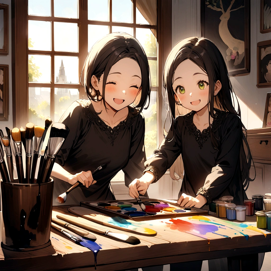 Create an artistic room with beautiful light coming in through the window, table with paints, brushes, Black painting of mother and daughter, smiling and having fun
