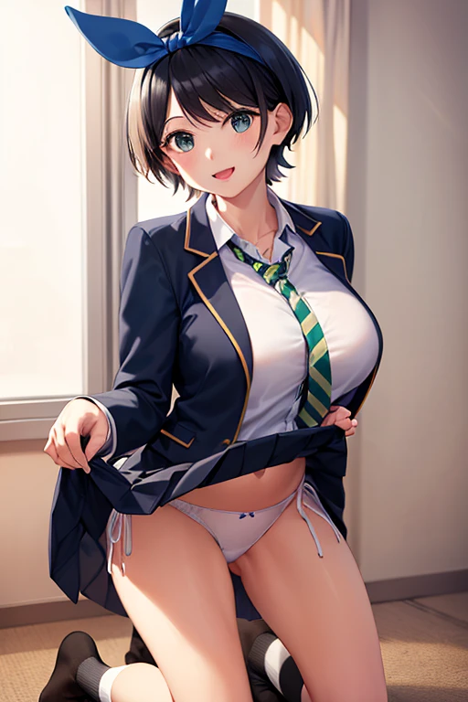 masterpiece, best quality,high resolution、realistic、Detailed、((extremely delicate and beautiful fabric):1.3)、 8k、large boob、 1girl, solo, skirt, jacket, shirt, blue eyes, white shirt, necktie, green necktie, black hair, pleated skirt, socks, diagonal-striped necktie, open jacket, open clothes, striped necktie, collared shirt, black jacket, black skirt, striped, blazer, short hair, long sleeves, bangs, , black socks, diagonal stripes, hairband, hair ribbon, ribbon, blue hairband, dress shirt, bow,  cowboy shot, smile,cleavage、ondesk、classroom、(skirt lift:1.5)、(side tie white panties:1.5)、(kneeling:1.5)、