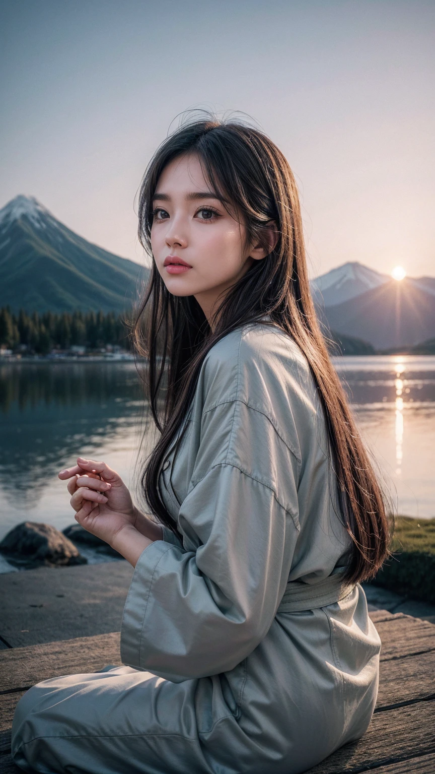 best quality, masterpiece, extremely detailed, detailed background, detailed eyes, Japanese cartoons, 1 Girl, beautiful eyes, Young Girls, Long hair girl, Expressive face, kimono, vintage, 富士山 wind景, outdoor, Sunset, beauty的天空, Picnic by the lake, landscape, wind景, horizon, Mountain next to mountain, wind, petal, spring, Look away, Atmospheric lighting, reflection, naturalistic, detail, realism. relaxation, beauty, Focus only, close up, from the side, Depth of Field, Bokeh